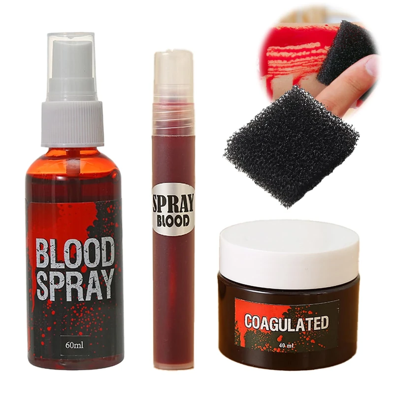 4-Piece Fake Blood Halloween Makeup Kit, 60ml Realistic Washable Blood Spray & 40ml Dripping Gel & 10ml Old Blood for SFX, Zombie, Vampire Costumes, Cosplay and Horror Party (4PCS Set)