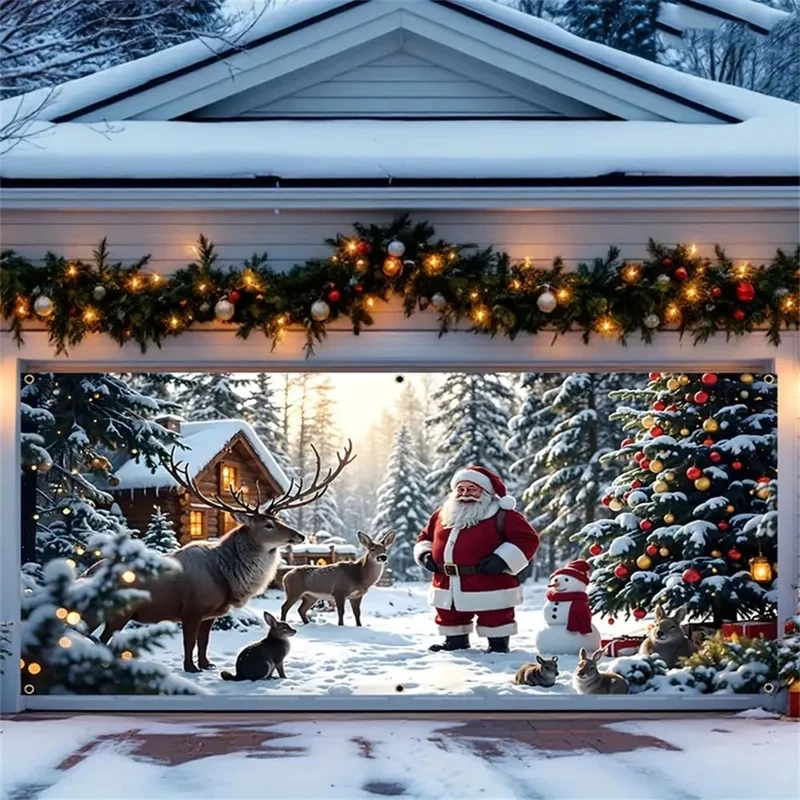 Christmas Garage Door Cover, Winter Scene with Reindeer and Santa Holiday Decorations Large Outdoor Banner Holiday Party Background (390×180CM)