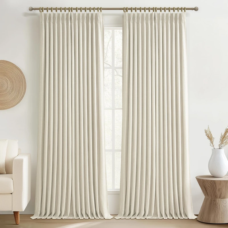 Extra Wide 70 Inch Cream Blackout Curtains 92 Inches Long for Patio Sliding Glass Doors, Memory Trained Pinch Pleat Two Layer Linen Soundproof Insulated Modern Windows Curtain 2 Panel Set 70" Wx92 L