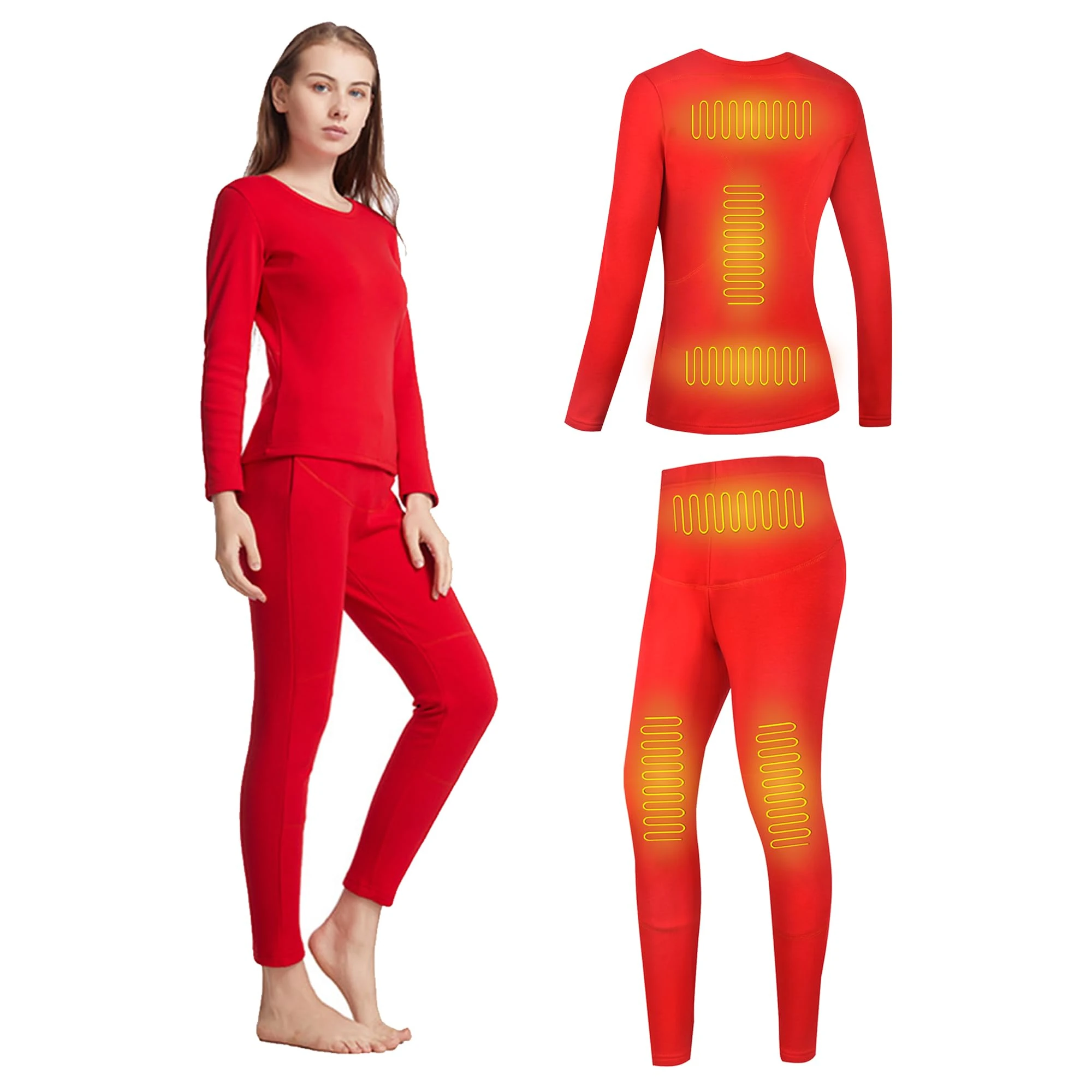 Gueploer Heated Underwear Set, Women Thermal Baselayer Long Sleeve Shirt and Legging with 6 Heating Zones for Skiing, Hunting,Red,L