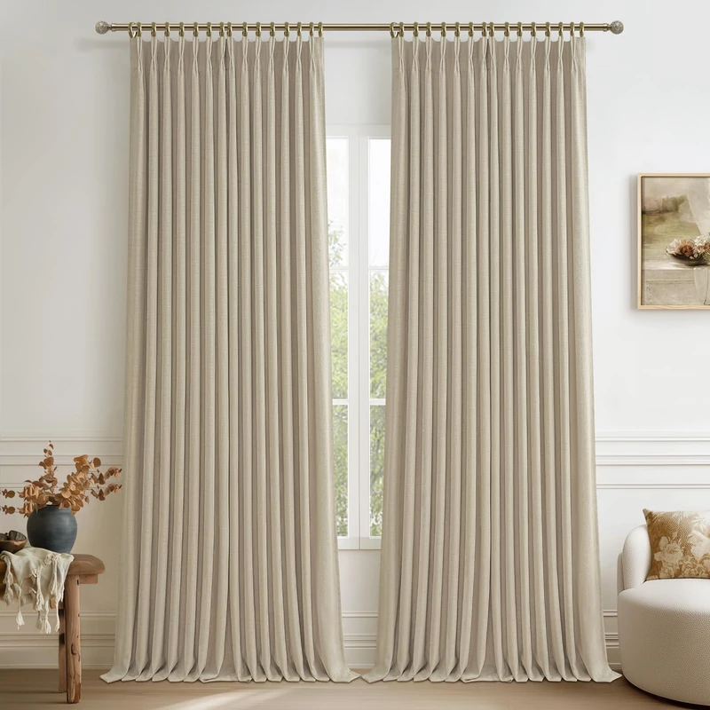 Extra Wide 70 Inch Pinch Pleated Blackout Curtains 120 Inches Long 2 Panels Set for Bedroom, Memory Trained Natural Linen Textured Windows Drapes Insulated Soundproof Warm Beige 10 FT Length Curtain