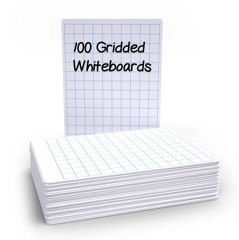 Show-Me Basics A4 Gridded/Plain Budget Whiteboards – Pack of 100 Double-Sided Dry-Wipe Student Boards (Tear-Resistant Surface, Gridded one side and Plain Reverse, Classroom, Home, Learning Aid)