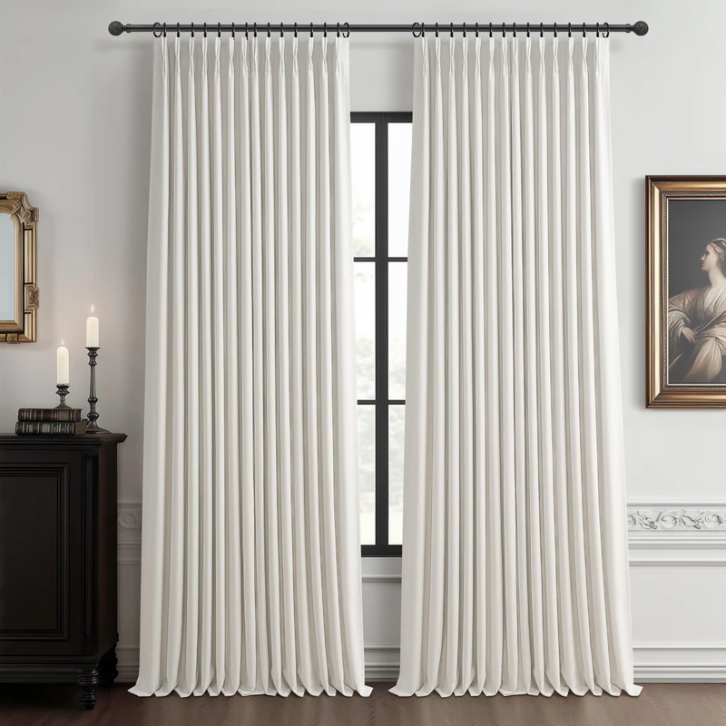 PleatedDrapes Extra Long 112 Inch Blackout Balcony Curtains for Apartments, Beige White Memory Trained Pleated 2 Layer Flax Linen Curtain Sound Dampening Insulating Country Windows Drapes 2 Panels Set