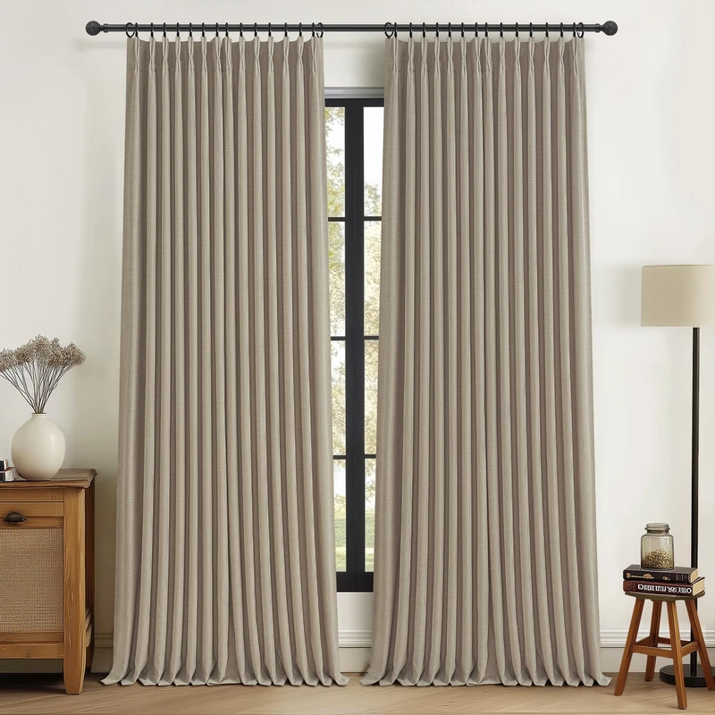 Extra Long Taupe Linen Blackout Dining Room Window Curtains 112 Inches Long 2 Panels Set, Memory Trained Pinch Pleated Farmhouse Drapes Thermal Sound Dampening Double Layer Large Curtain with Back Tab
