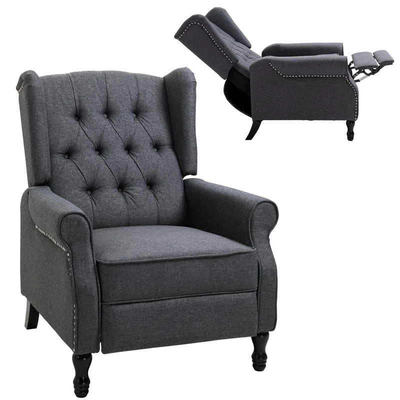 HOMCOM Recliner Armchair, Vintage Reclining Chair with Nail Head Trim, Wingback Chair with Button Tufted Back and Footrest, for Living Room, Dark Grey