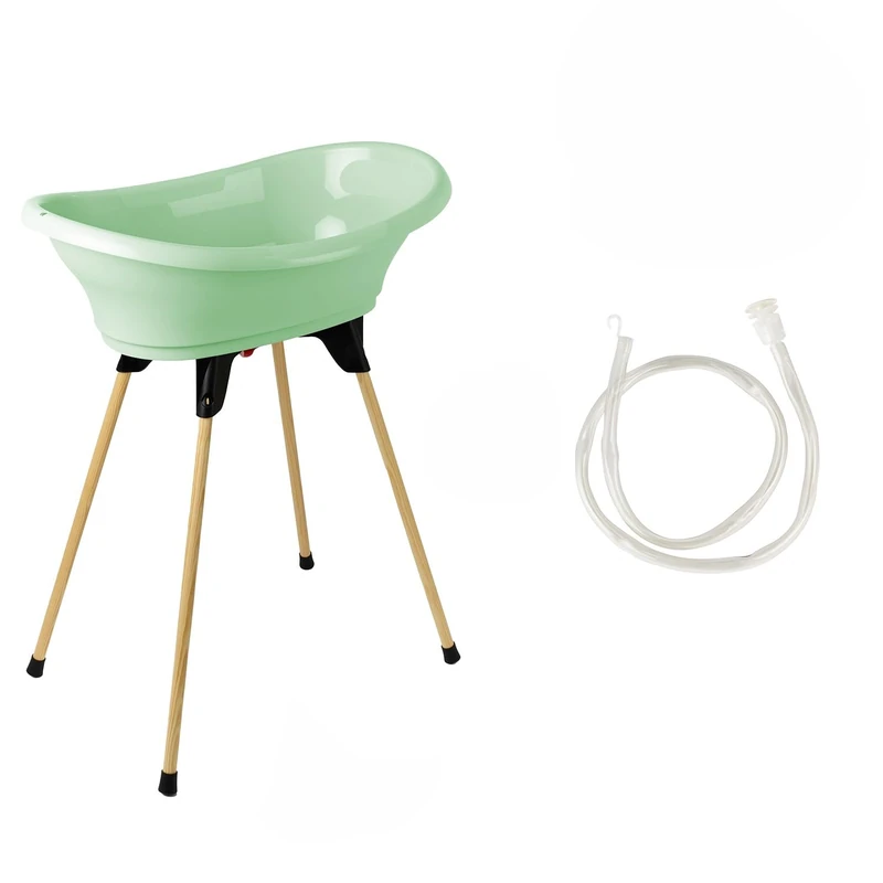 THERMOBABY - Baby Bath Kit - Vasco - Bath, Wooden Foot & Drain Hose - Patented Innovation - Foldable & Stable - Can Accommodate a Bath Lounger - Made in France - Celadon Green