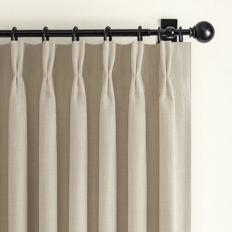 Natural Linen Blackout Double Layer Small Basement Curtains 54 Inches Long 2 Panels, Memory Trained Pinch Pleated Room Darkening Window Drapes Warm Beige Thermal Insulated Modern Curtain with Back Tab