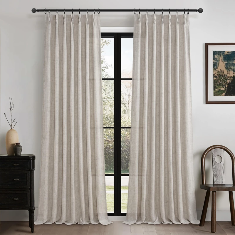 Extra Wide Pleated Thick Linen Semi Sheer Curtains 96 Inches Long for Dining Room, Greyish Brown Memory Trained Viral Curtain 2 Panels Set Light Filtering Privacy Farmhouse Windows Drapes 8FT Length