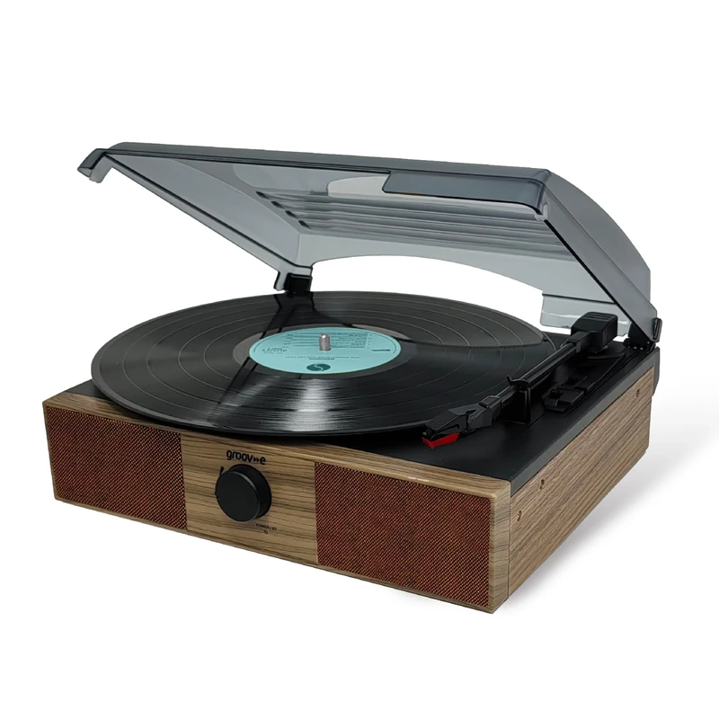 Groov-e Retro Vintage Turntable - Vinyl Record Player, Built-in Speakers, Bluetooth Connectivity, Portable Speaker, Plays Records, 33/45 RPM Speeds, 3.5mm Line Out Jack, Alarm Clock