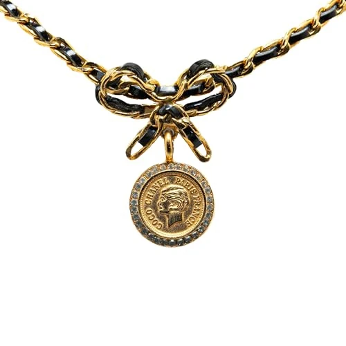 Chanel Pre-Loved Gold Plated and Leather Bow Necklace