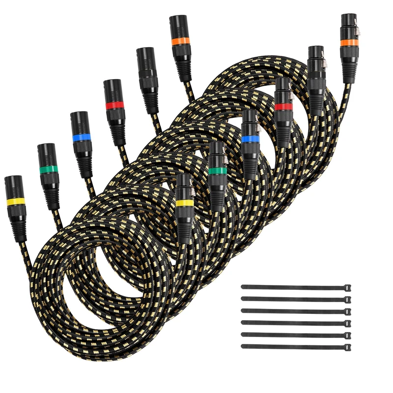 VEVOR XLR Cable 25 ft, 6 Pack, Shielded Balanced DMX Male to Female Microphone Cables, Gold-Plated 3-Pin XLR Mic Speaker Cord Wires, for Stage Lighting, Microphones, Amplifier, Mixer, Speaker Systems