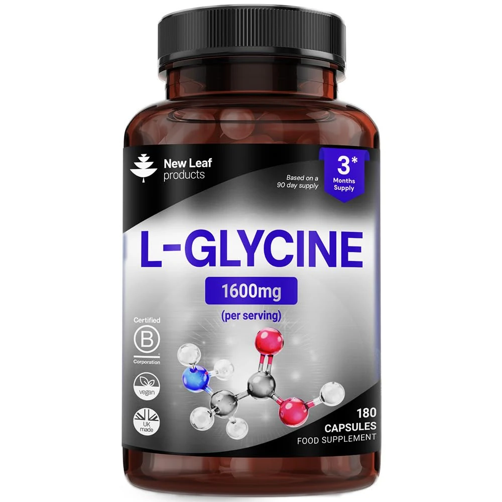 L-Glycine Capsules - 180 High Strength Vegan Amino Acid Suppelements - 1600mg Per Serving Providing A 3 Month Supply - Glycine Supplement Made in The UK by New Leaf
