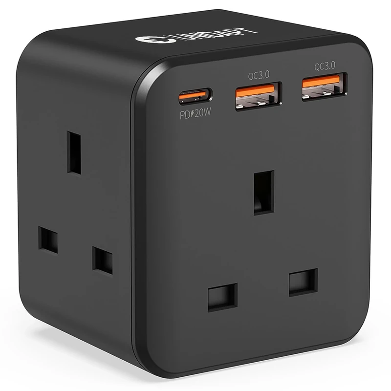 Unidapt 3 Way Plug Adaptor with 3 Fast Charge Ports, Multi Plug Extension with PD 20W USB-C (Black)