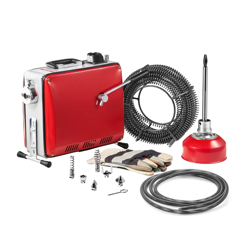 VEVOR Electric Pipe Unblocker 390 W 1400 RPM with Spring Cable 12 m x 16 mm, 4.5 m x 16 mm, 8 m x 9.5 mm and 6 Cleaning Heads, Suitable for Pipes from 50 to 110 mm Diameter