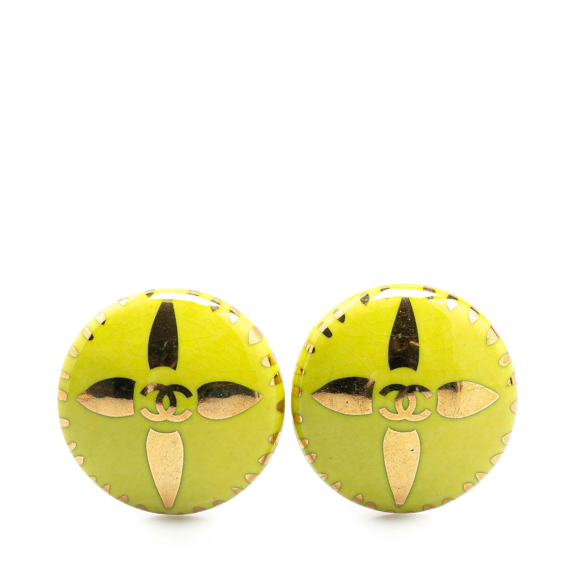 Pre-Loved Gold Plated And Resin CC Round Clip On Earrings