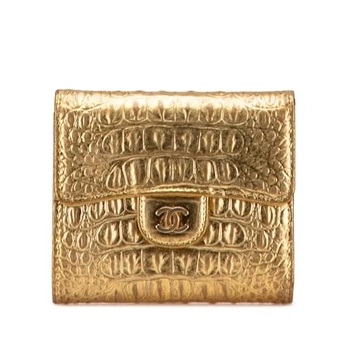 Chanel Pre-Loved CC Metallic Calfskin Crocodile Embossed Compact Flap Wallet