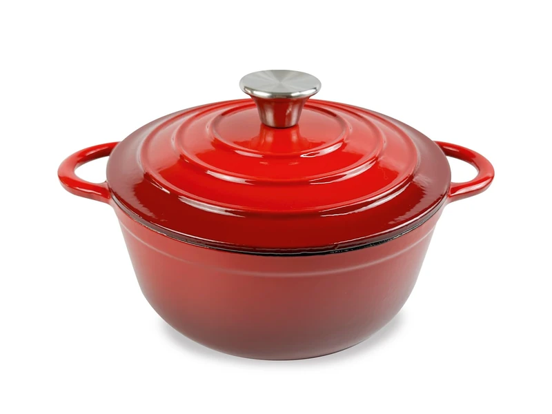 H&H Enamelled Cast Iron Round Casserole Dish 22 cm 2 Handles Red for All Hobs Induction Compatible - Image 1