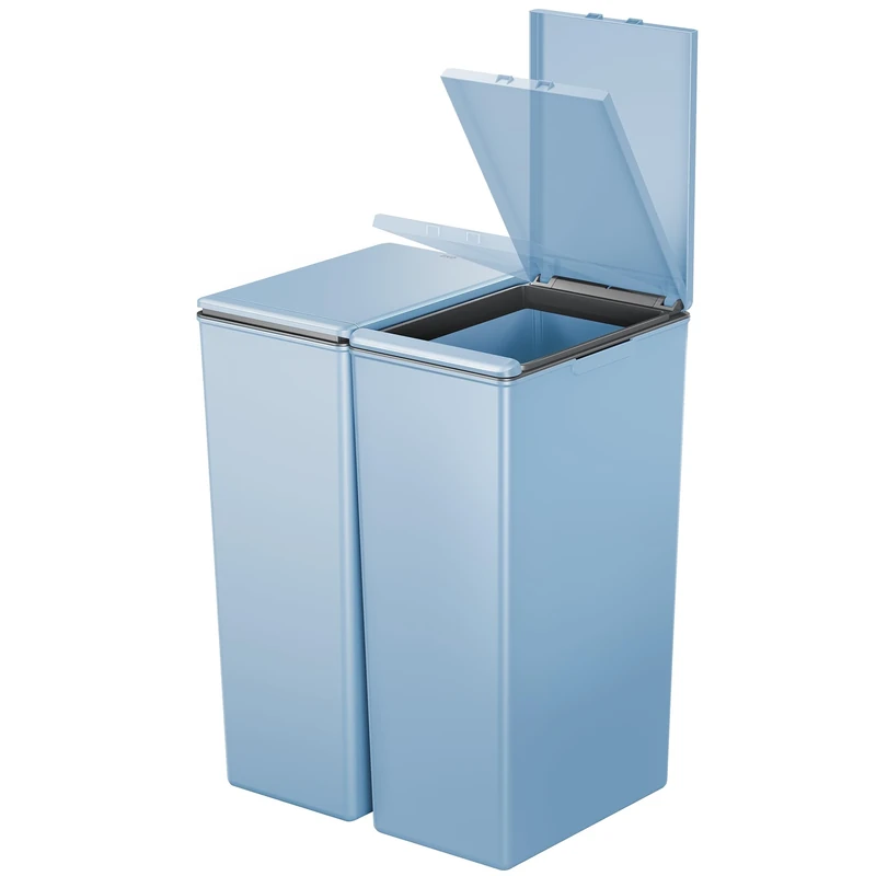 EKO Morandi Twin Pack (2 x 40L) Kitchen Bin with Touch-Top Lids, Plastic Double Bins with Recycling Stickers and Easy-Clean Finish, for Home or Office, Titanium Blue