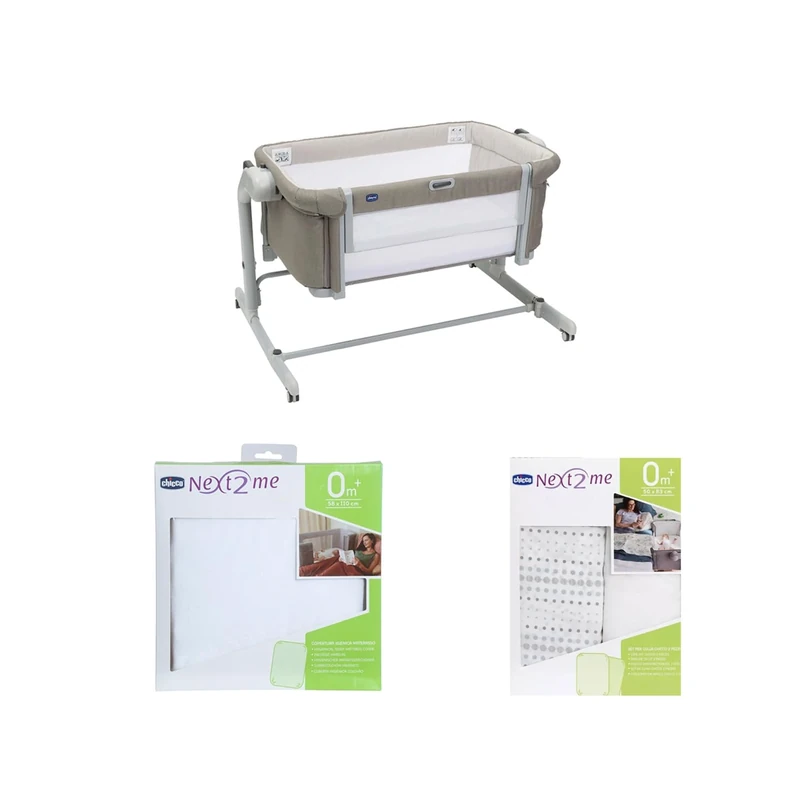 Chicco Next2Me Magic Evo Starter Bundle with Next2Me Magic Evo Bedside Crib, Hygienic Terry Mattress Cover, Crib 2 Piece Set (2 sheets), Desert Taupe, CHICCOBUNDLE10
