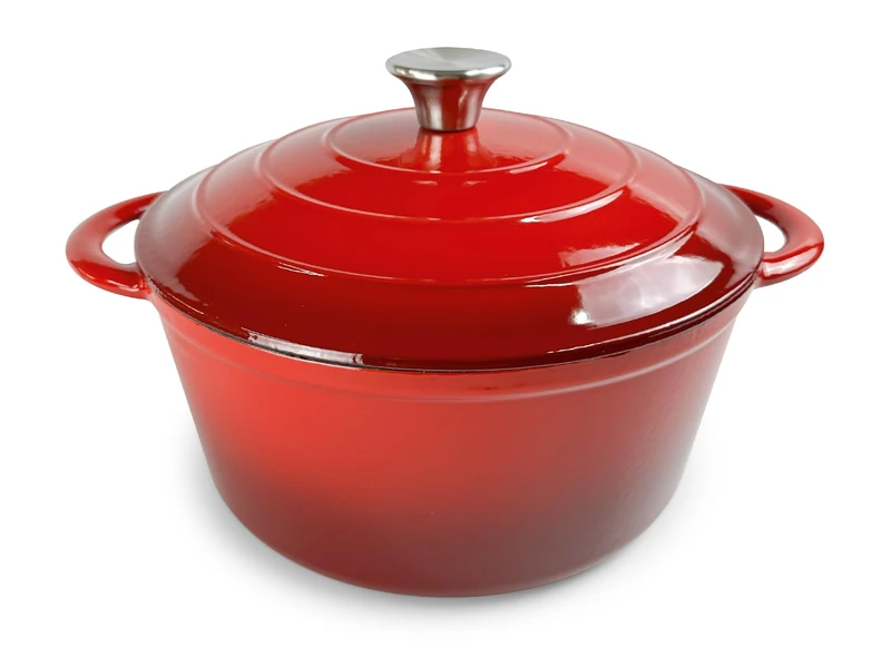H&H Enamelled Cast Iron Round Casserole 26 cm 2 Handles Red for All Hobs Induction Compatible - Image 1