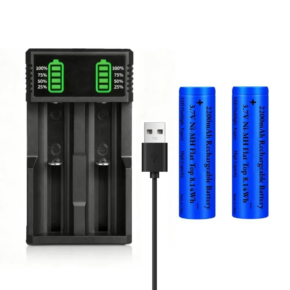 18650 Battery Charger Set with 2 Pack 3.7V 2200mAh Battery Flat Top Ni-MH, 2-Bay LCD Display Smart USB Battery Chargers for 18500 21700 26650 14500 16340 10440 18650 3.7V Rechargeable Batteries