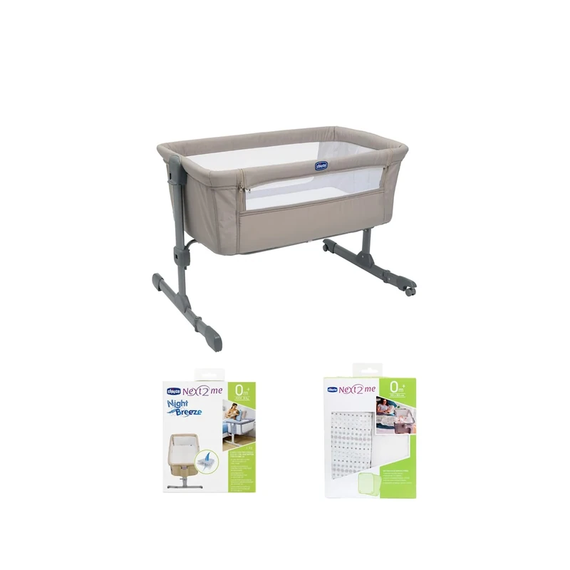 Chicco Next2Me Essential Starter Bundle with Next2Me Essential Bedside Crib, Night Breeze Mattress Protector and Crib Set 2 Pieces (2 sheets), Dune, CHICCOBUNDLE13