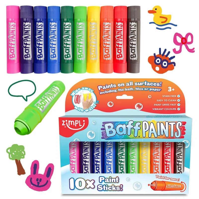 ZIMPLI - - 10 x Large Baff Paint Sticks, Bath Crayons, Paint Pens for Kids, Twist & Paint, Vibrant Colours, Mess-Free, Easy Clean, Fast Dry Action, Non-Toxic