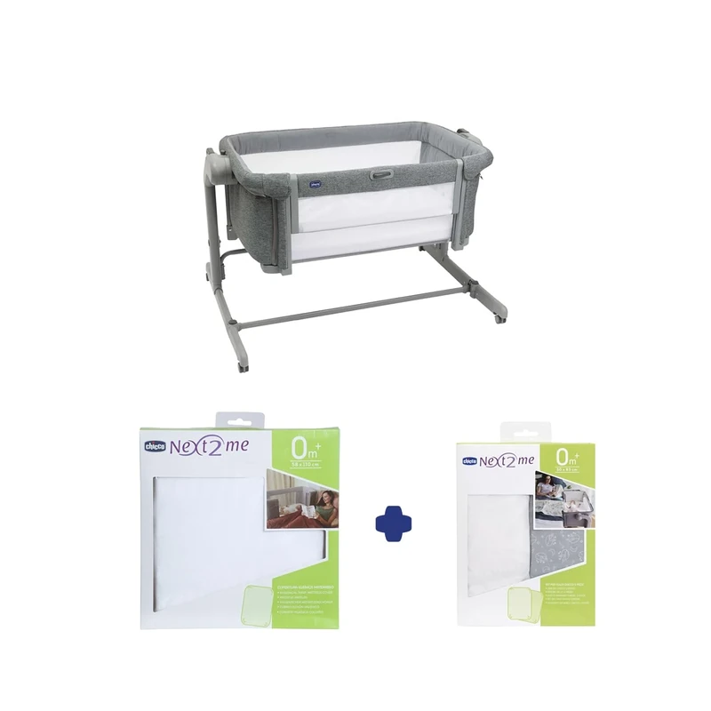 Chicco Next2Me Magic Evo Starter Bundle with Next2Me Magic Evo Bedside Crib, Hygienic Terry Mattress Cover, Crib 2 Piece Set (2 sheets), Grey Fox, CHICCOBUNDLE09