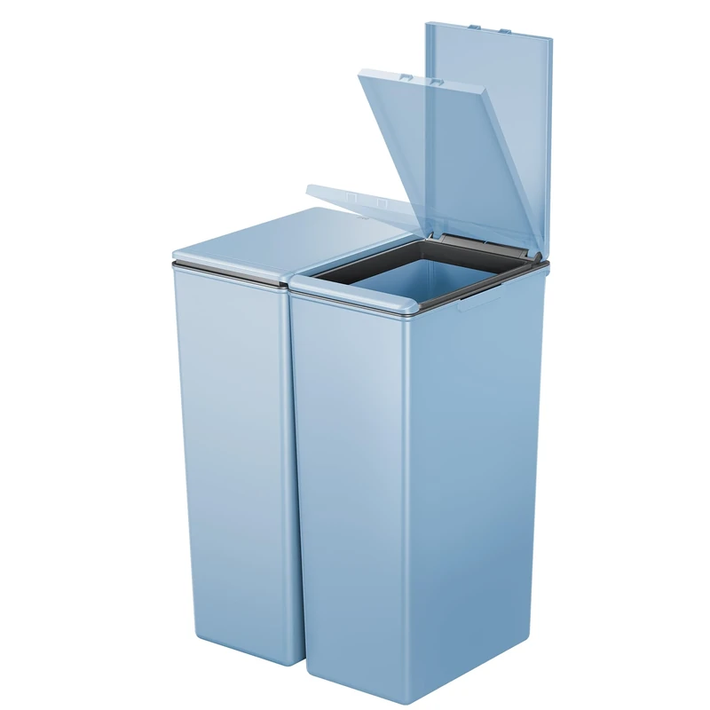 EKO Morandi Twin Pack (2 x 30L) Kitchen Bin with Touch-Top Lids, Plastic Double Bins with Recycling Stickers and Easy-Clean Finish, for Home or Office, Titanium Blue