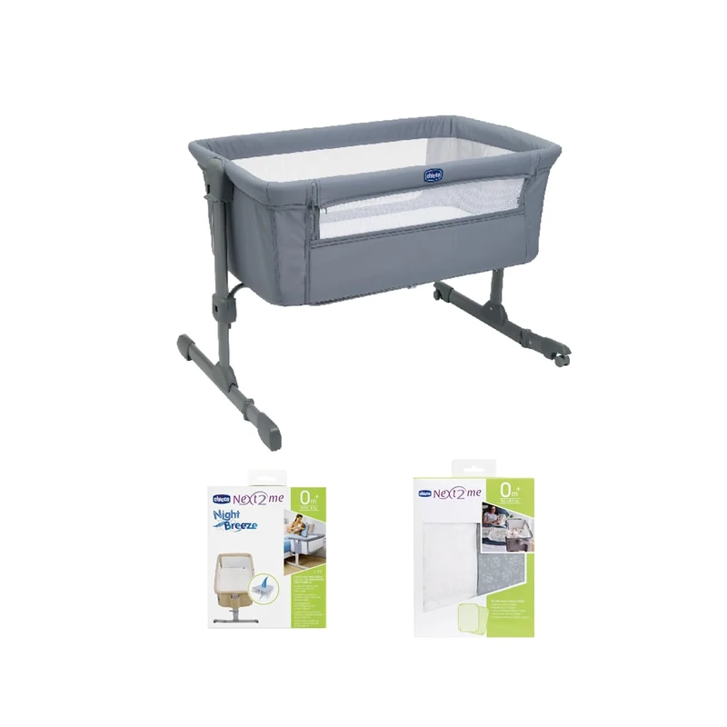 Chicco Next2Me Essential Starter Bundle with Next2Me Essential Bedside Crib, Night Breeze Mattress Protector and Crib Set 2 Pieces (2 sheets), Grey Fox, CHICCOBUNDLE12