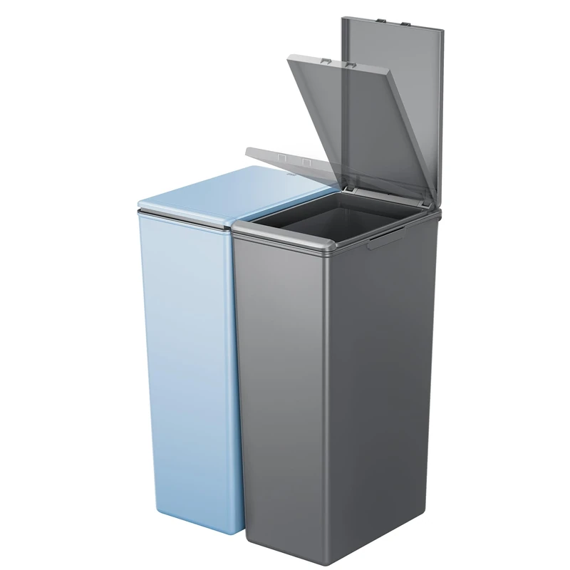 EKO Morandi Twin Pack (2 x 30L) Kitchen Bin with Touch-Top Lids, Plastic Double Bins with Recycling Stickers and Easy-Clean Finish, for Home or Office, Dark Grey & Titanium Blue