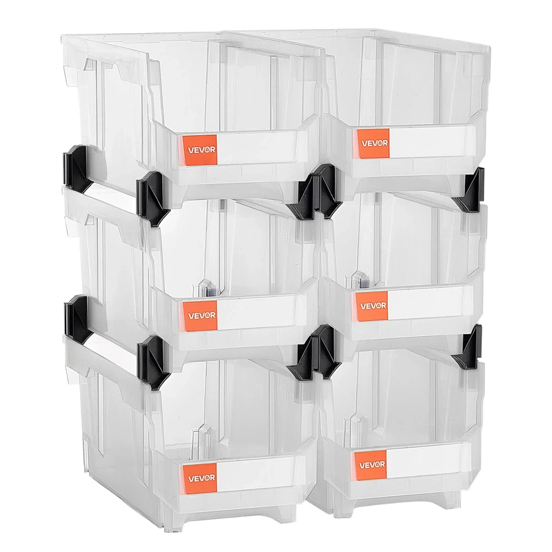 VEVOR Plastic Stackable Storage Bins, 14.8 x 8.5 x 7.1 inch (6 Pack), Plastic Containers for Organizing & Storage Bins for Closet, Garage, Small Parts, Office Supplies, Other Accessories, Transparent