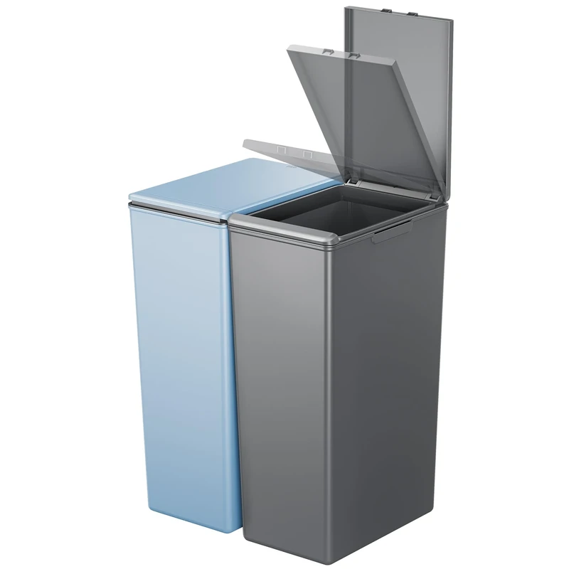 EKO Morandi Twin Pack (2 x 40L) Kitchen Bin with Touch-Top Lids, Plastic Double Bins with Recycling Stickers and Easy-Clean Finish, for Home or Office, Dark Grey & Titanium Blue