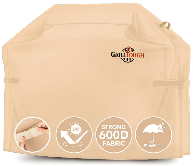 GrillTough Heavy Duty BBQ Grill Cover for Outdoor Grill, 60 Inch – Waterproof, Weather Resistant, UV & Fade Resistant with Adjustable Straps – Gas Grill Cover for Weber, Genesis, Charbroil, etc. Tan