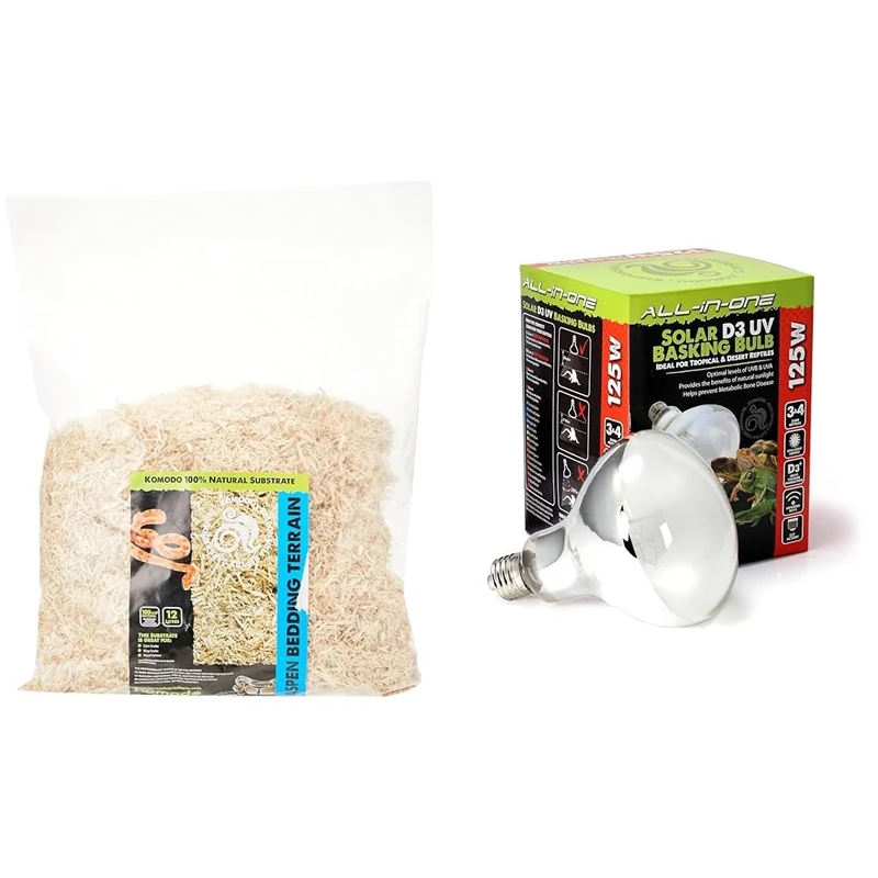Komodo Aspen Bed Terrain 12L Solar D3 UV Basking Bulb 125W | Natural Reptile Bedding & High-Power UV Heating Bundle
