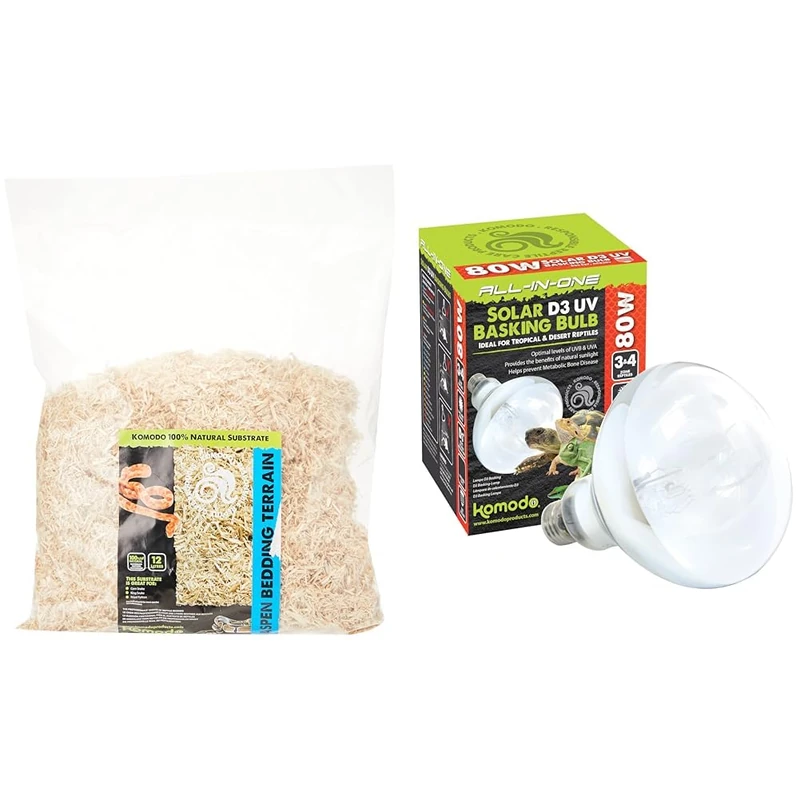 Komodo Aspen Bed Terrain 12L Solar D3 UV Basking Bulb 80W | Natural Reptile Bedding & Essential UV Heating Bundle