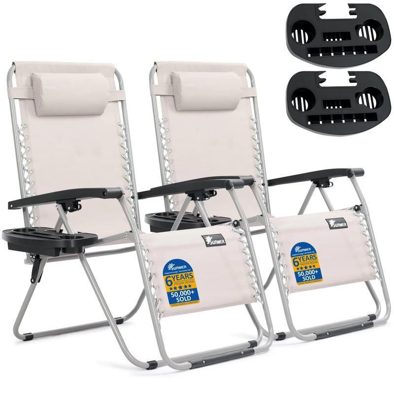 SUNMER Padded XXL Sun Lounger Garden Chairs - Extra Wide Set of 2 Zero Gravity Chairs with Cup & Phone Holder, Adjustable Headrest & Pillow - Folding Deck Recliner Outdoor Seating - Grey
