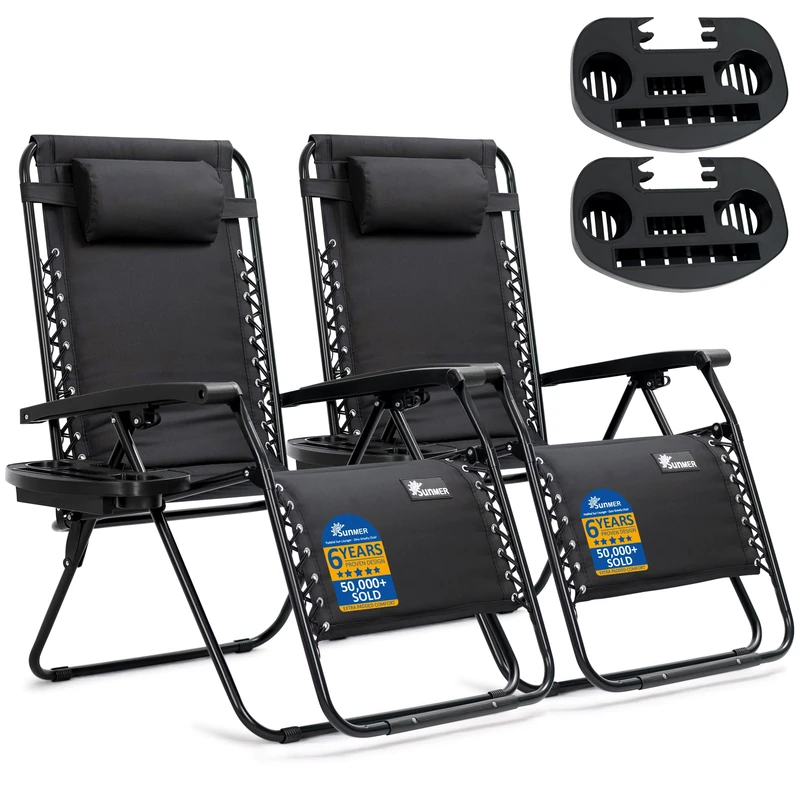 SUNMER Padded Extra Wide Sun Lounger Garden Chairs - Set of 2 Zero Gravity Chairs with Cup & Phone Holder, Adjustable Headrest & Pillow - Folding Deck Recliner - Professional Outdoor Seating - Black