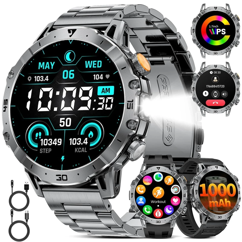 SUNKTA Smart Watch for Men with 1000mAh(3 Straps,2 Chargers),1.7" HD Fitness Tracker Watch with Bluetooth Call.100+ Sports Modes,Heart Rate,SpO2 Tracker,Smart Watch for Android iOS