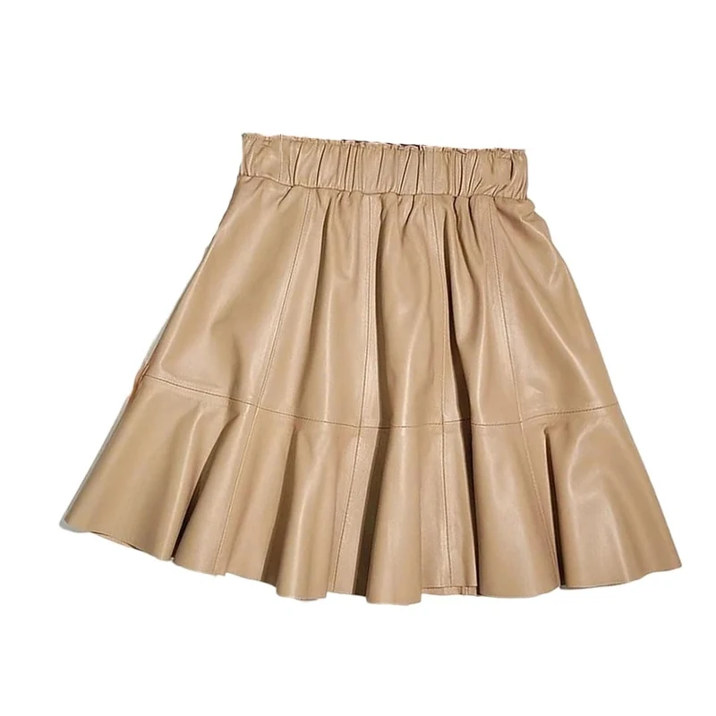 Women Real Leather Short Skirts Elastic Waist Anti-Exposure Slim-Fit Sheepskin Pleated Mini A-Line Skirts Khaki