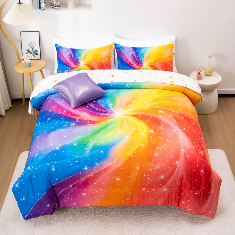 Btargot Super Soft 6 Pieces Gradient Star Ring Comforter Set, Colorful Glitter Rainbow Star Pattern Bedding Set for Boys Girls Teens, Full Red Blue