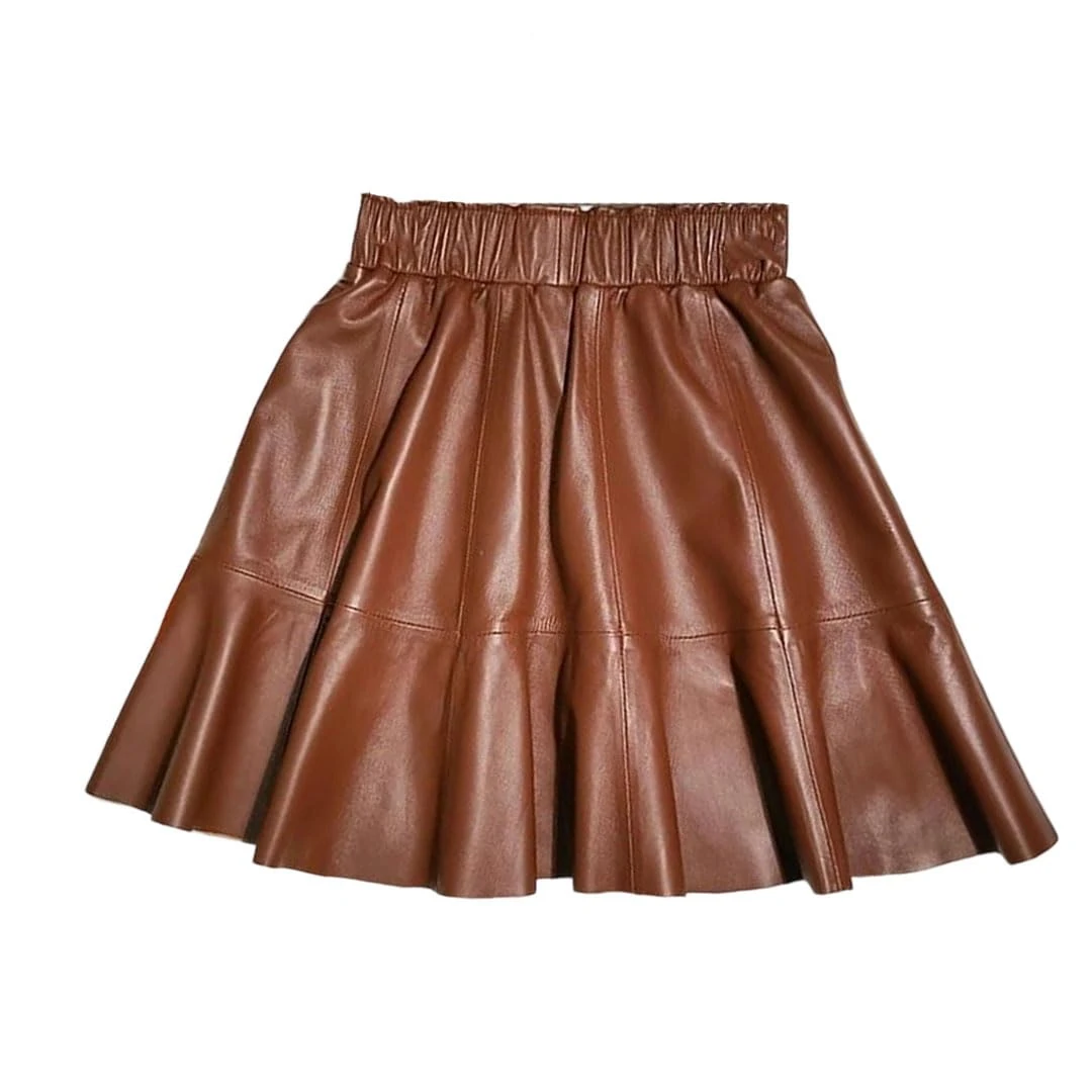 Women Real Leather Short Skirts Elastic Waist Anti-Exposure Slim-Fit Sheepskin Pleated Mini A-Line Skirts Coffee