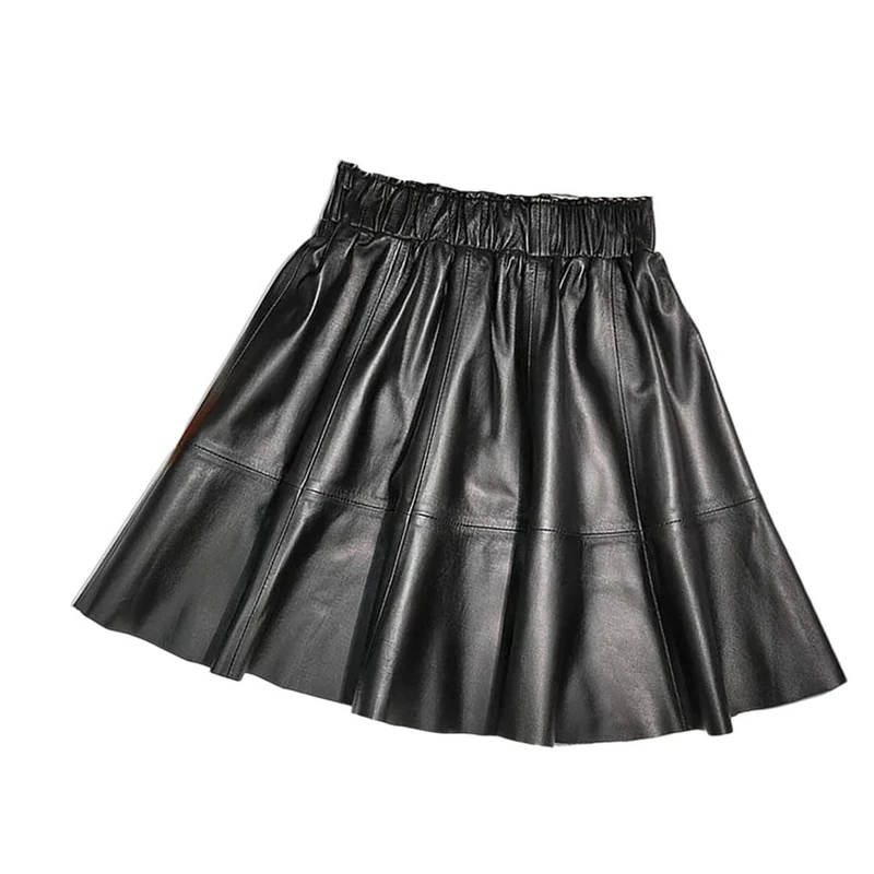 Women Real Leather Short Skirts Elastic Waist Anti-Exposure Slim-Fit Sheepskin Pleated Mini A-Line Skirts Black