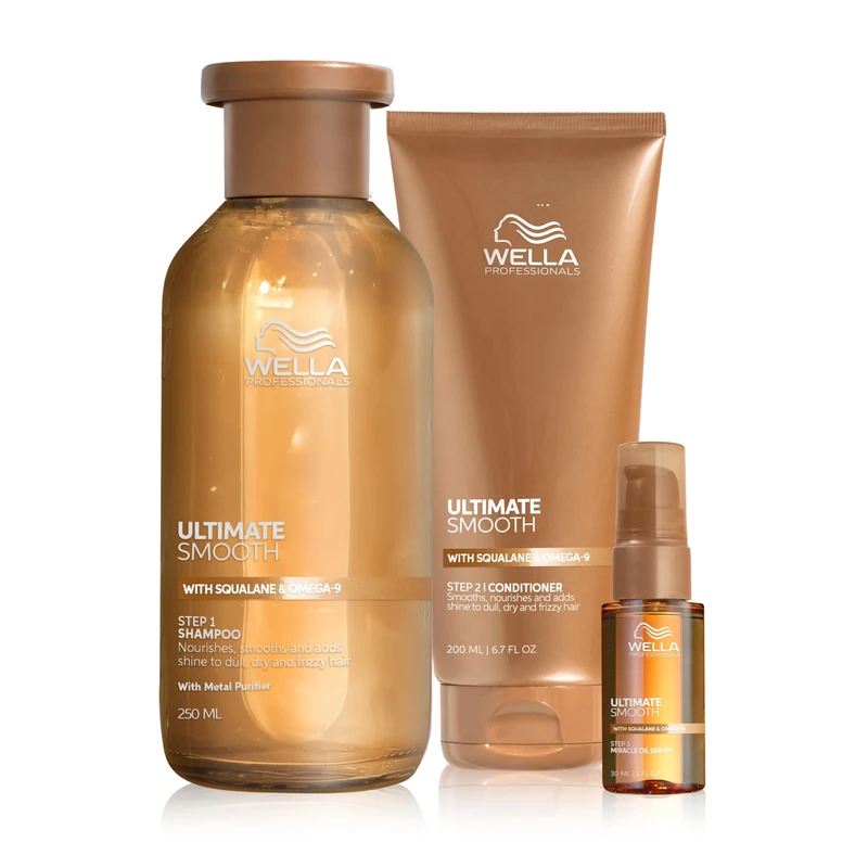 Wella Professionals Ultimate Smooth Hair Bundle – Shampoo, Conditioner & Miracle Oil Serum with Squalane & Omega 9 for Dry, Dull & Frizzy Hair (250ml+200ml+30ml)