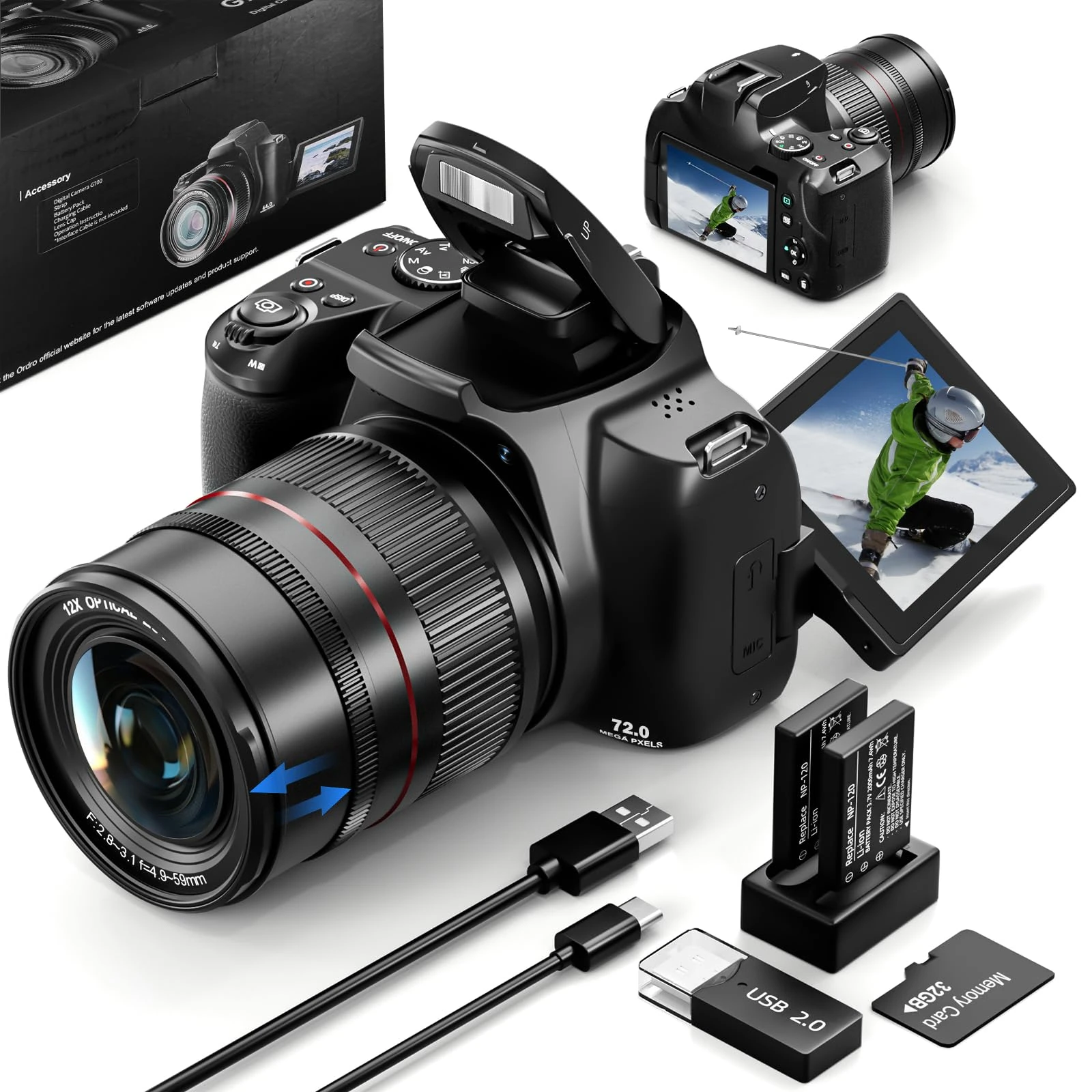 72MP 4K Digital Camera for Photography and Video, 12X Optical Zoom Bridge Camera with Macro, Flip Screen, WiFi, Auto Focus, 2 Batteries & 32GB SD Card – Ideal for Beginners & Vloggers (Black)