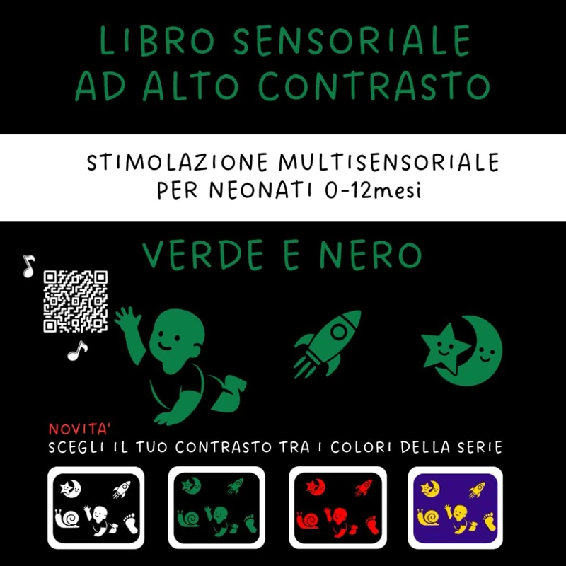 Libro Sensoriale ad Alto Contrasto per Neonati: In Verde e Nero 0 - 12 Mesi