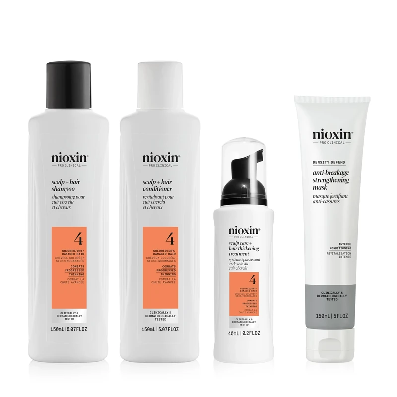 Nioxin Hair Thickening & Anti-Breakage Bundle – System 4 Shampoo, Conditioner & Scalp Treatment + Density Defend Hair Mask with Vitamin C for Coloured, Progressed Thinning Hair (150+150+50ml+150ml)