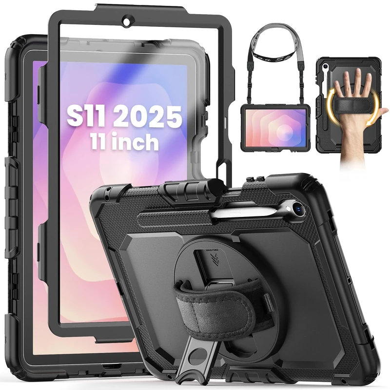 SEYMCY Case for Samsung Galaxy Tab S11 11 inch 2025 (SM-X730, SM-X736B), Full-body Shockproof with Screen Protector, Rotating Hand Strap & Stand, Shoulder Strap for Samsung S11 Tablet, Black