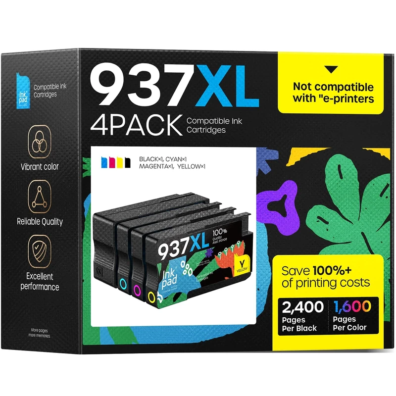 iNKPAD 937XL Ink Cartridges with Chip Replacement for HP 937 937e Ink Cartridges Multipack Compatible for HP OfficeJet Pro 9720 9730 9110b 9120b 9130b Printer (1 Black, 1 Cyan, 1 Magenta, 1 Yellow)