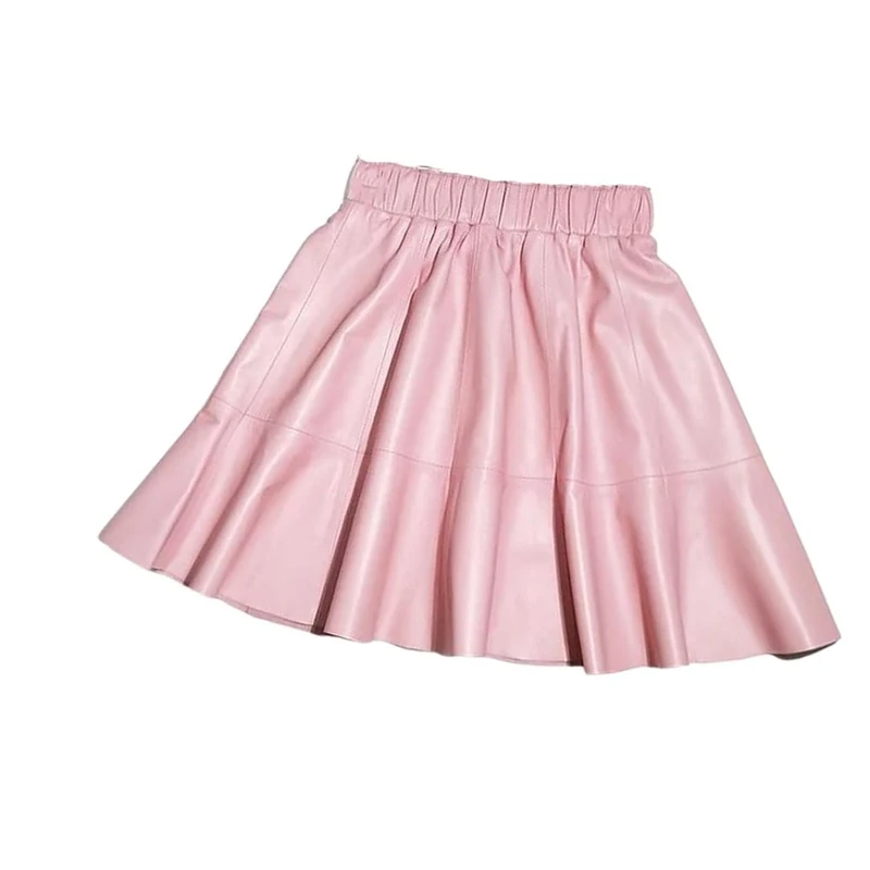Women Real Leather Short Skirts Elastic Waist Anti-Exposure Slim-Fit Sheepskin Pleated Mini A-Line Skirts